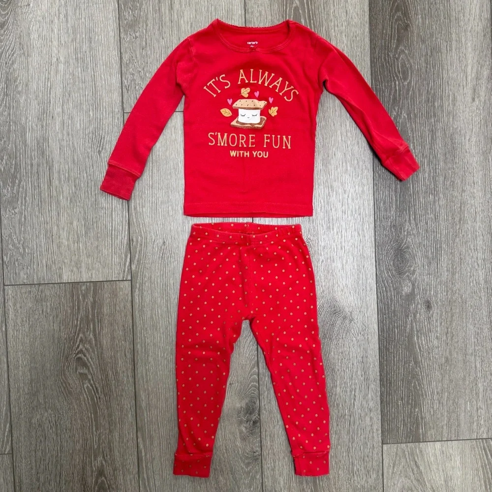 CARTERS 2PC SNUG FIT LONG SLEEVE SHIRT AND PANTS PJ SET SMORES RED 2T